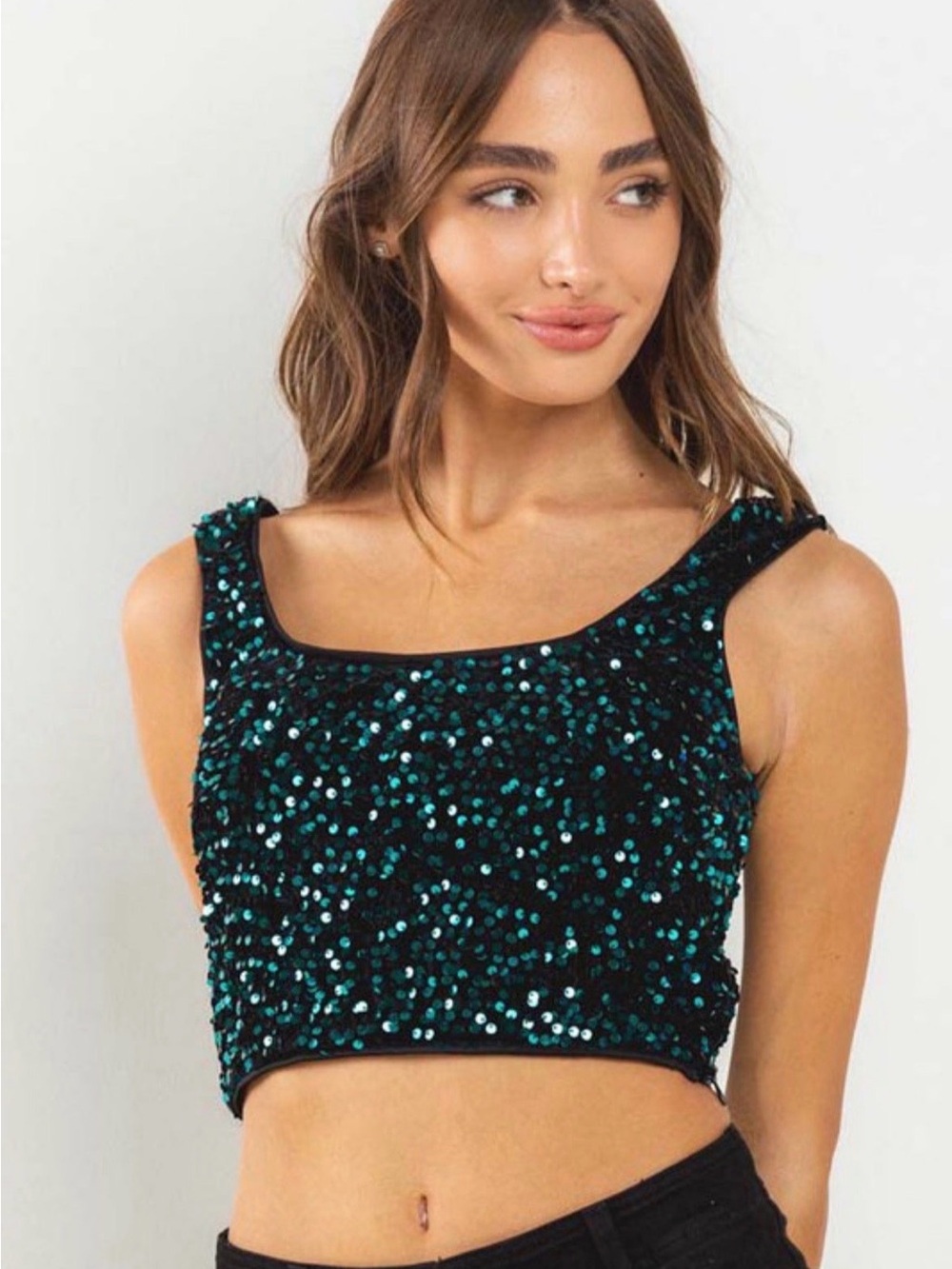 Sequin Scoop Neck Crop Top in Teal